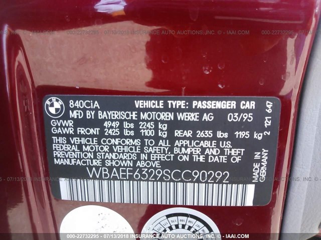 WBAEF6329SCC90292 - 1995 BMW 840 CI AUTOMATIC 栗色 照片 9