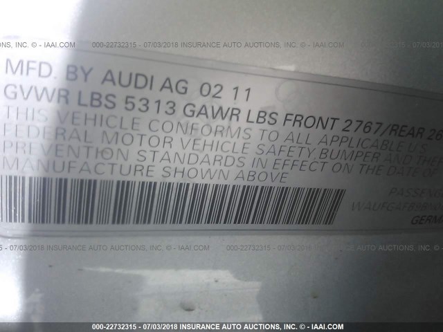 WAUFGAFB9BN061175 - 2011 AUDI A6 PREMIUM PLUS SILVER photo 9