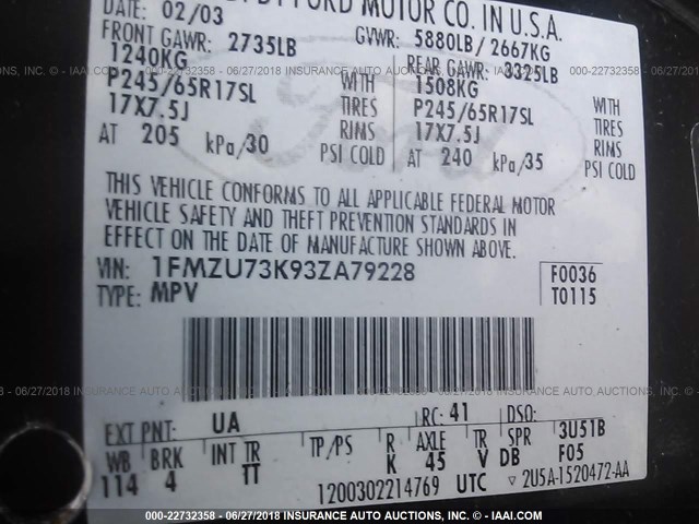 1FMZU73K93ZA79228 - 2003 FORD EXPLORER XLT/XLT SPORT/NBX 黑色 照片 9