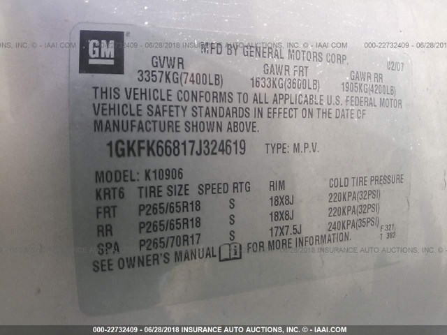 1GKFK66817J324619 - 2007 GMC YUKON XL DENALI SILVER photo 9