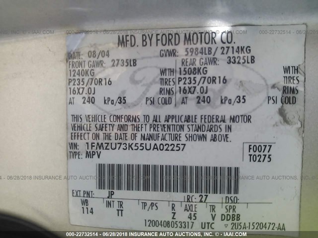 1FMZU73K55UA02257 - 2005 FORD EXPLORER XLT/XLT SPORT/NBX 银色 照片 9