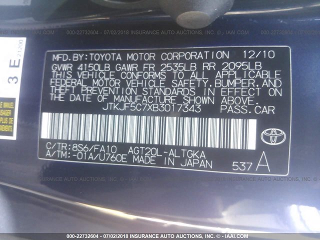 JTKJF5C7XB3017343 - 2011 TOYOTA SCION TC 海军蓝 照片 9