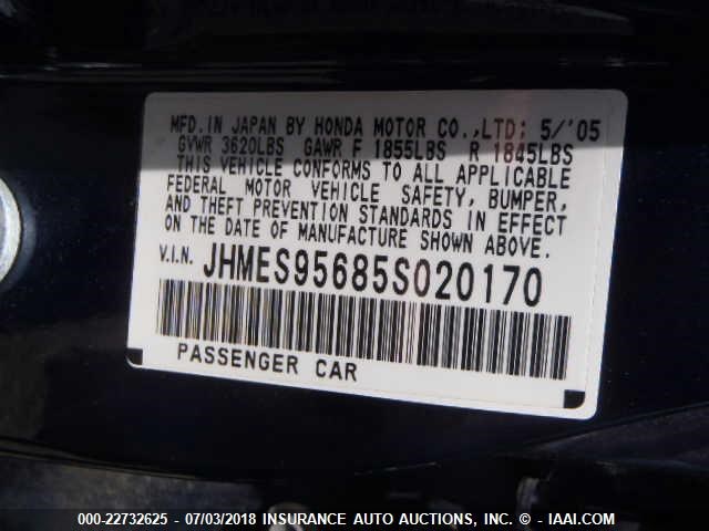 JHMES95685S020170 - 2005 HONDA CIVIC HYBRID BLUE photo 9