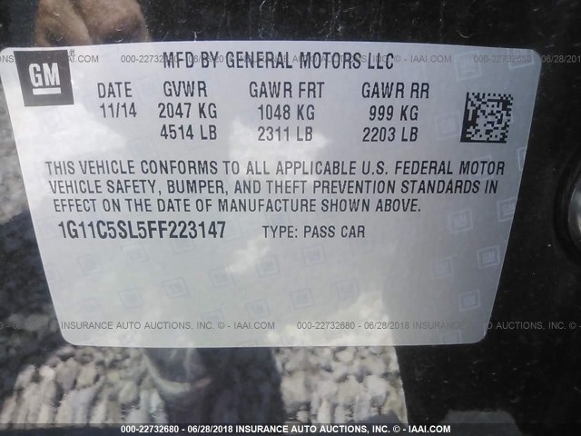 1G11C5SL5FF223147 - 2015 CHEVROLET MALIBU 1LT 黑色 照片 9