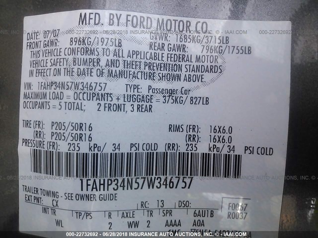 1FAHP34N57W346757 - 2007 FORD FOCUS ZX4/S/SE/SES 灰色 照片 9