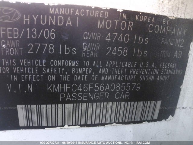 KMHFC46F56A085579 - 2006 HYUNDAI AZERA SE/LIMITED WHITE photo 9