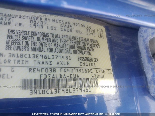 3N1BC13E98L379451 - 2008 NISSAN VERSA S/SL BLUE photo 9