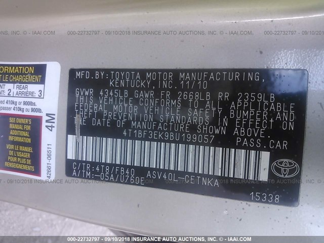 4T1BF3EK9BU199057 - 2011 TOYOTA CAMRY SE/LE/XLE თაფლისფერი ფოტო 9