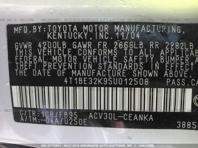 4T1BE32K95U012508 - 2005 TOYOTA CAMRY LE/XLE/SE 银色 照片 9