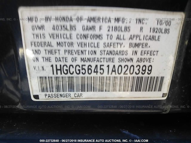 1HGCG56451A020399 - 2001 HONDA ACCORD LX BLUE photo 9