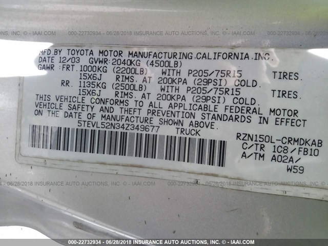 5TEVL52N34Z349677 - 2004 TOYOTA TACOMA XTRACAB SILVER photo 9