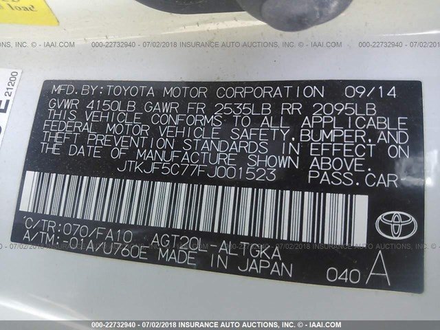 JTKJF5C77FJ001523 - 2015 TOYOTA SCION TC 白色 照片 9