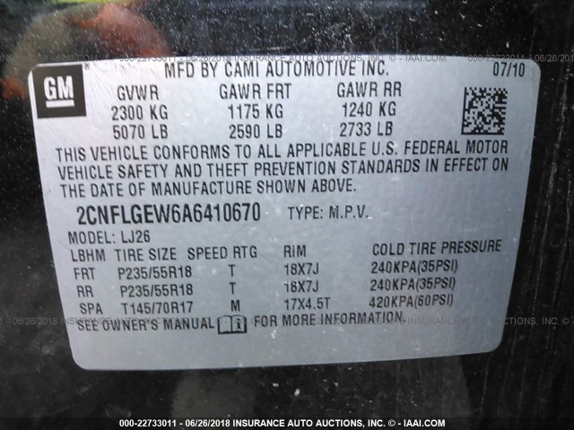 2CNFLGEW6A6410670 - 2010 CHEVROLET EQUINOX LTZ BLACK photo 9