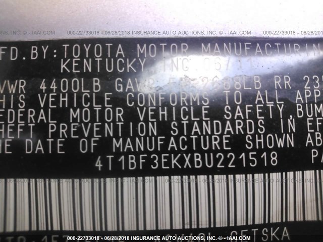 4T1BF3EKXBU221518 - 2011 TOYOTA CAMRY SE/LE/XLE SILVER photo 9