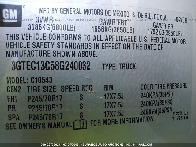 3GTEC13C58G240032 - 2008 GMC SIERRA C1500 SILVER photo 9