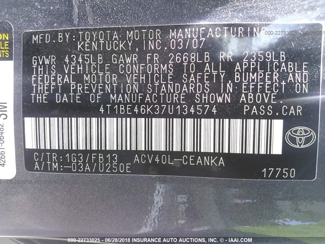 4T1BE46K37U134574 - 2007 TOYOTA CAMRY NEW GENERAT CE/LE/XLE/SE GRAY photo 9