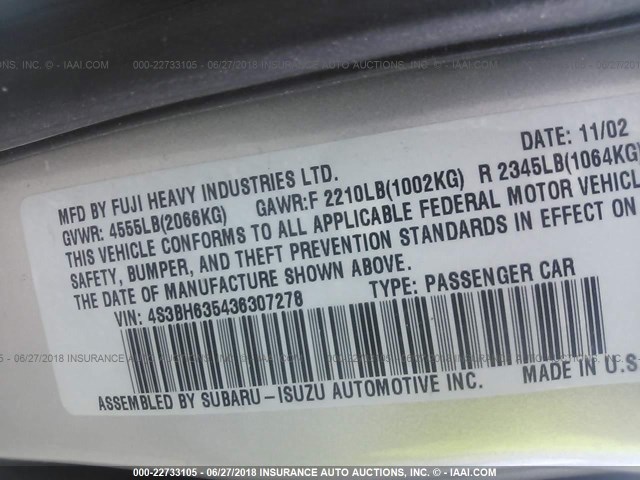 4S3BH635436307278 - 2003 SUBARU LEGACY L/L SPECIAL SILVER photo 9