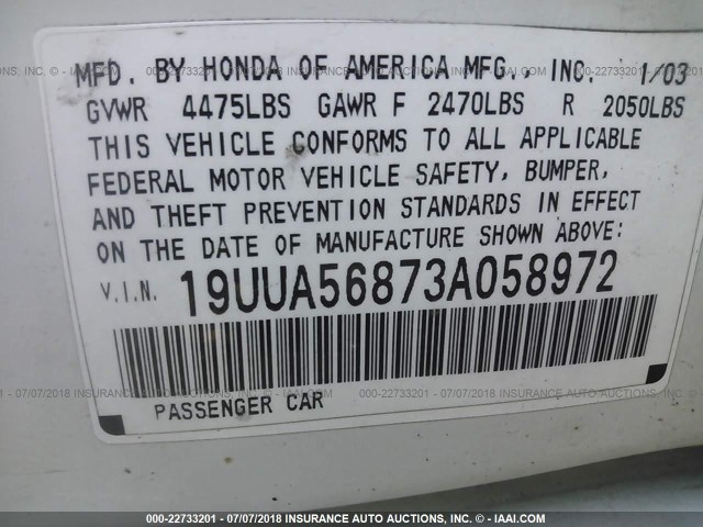 19UUA56873A058972 - 2003 ACURA 3.2TL TYPE-S WHITE photo 9