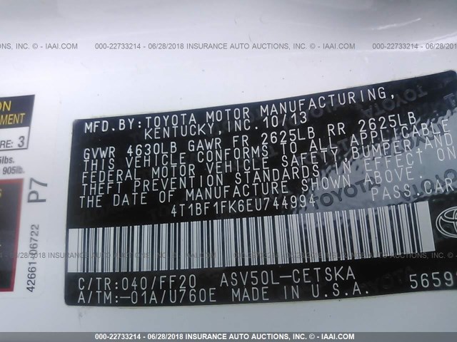 4T1BF1FK6EU744994 - 2014 TOYOTA CAMRY L/SE/LE/XLE 白色 照片 9