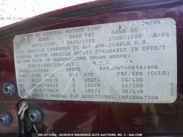 1GKCS13W0T2500315 - 1996 GMC JIMMY Kırmızı fotoğraf 9