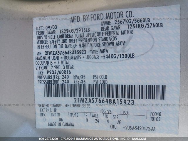 2FMZA57664BA15923 - 2004 FORD FREESTAR SES SILVER photo 9