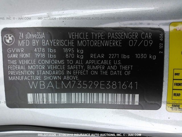 WBALM73529E381641 - 2009 BMW Z4 SDRIVE35I SILVER photo 9