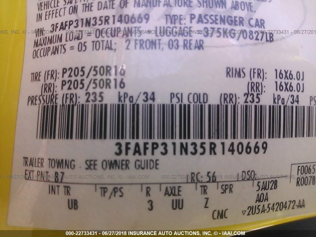 3FAFP31N35R140669 - 2005 FORD FOCUS ZX3 YELLOW photo 9