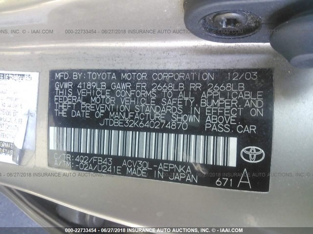 JTDBE32K640274870 - 2004 TOYOTA CAMRY LE/XLE Champagne photo 9