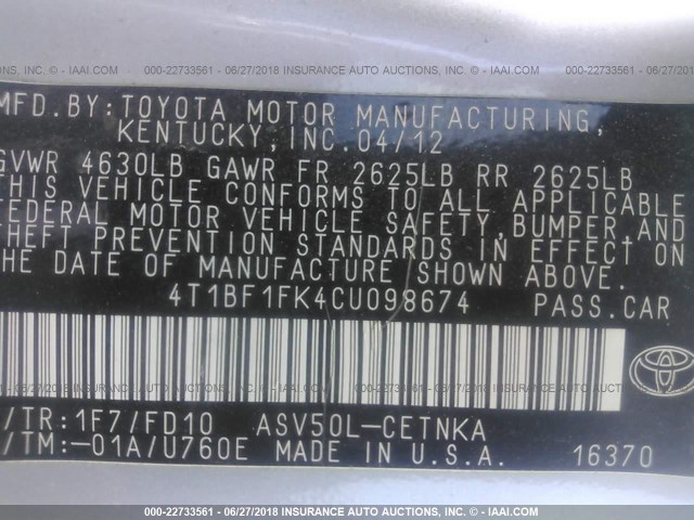 4T1BF1FK4CU098674 - 2012 TOYOTA CAMRY SE/LE/XLE SILVER photo 9