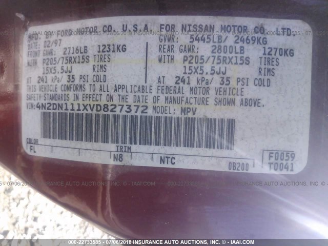 4N2DN111XVD827372 - 1997 NISSAN QUEST XE/GXE MAROON photo 9