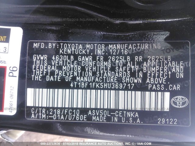 4T1BF1FK5HU369717 - 2017 TOYOTA CAMRY LE/XLE/SE/XSE BLACK photo 9
