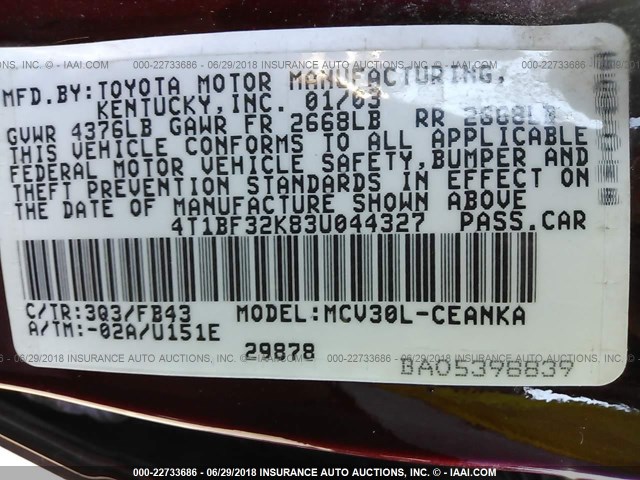 4T1BF32K83U044327 - 2003 TOYOTA CAMRY LE/XLE/SE Bordo foto 9