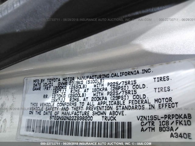 5TEGN92N22Z898200 - 2002 TOYOTA TACOMA DOUBLE CAB PRERUNNER SILVER photo 9