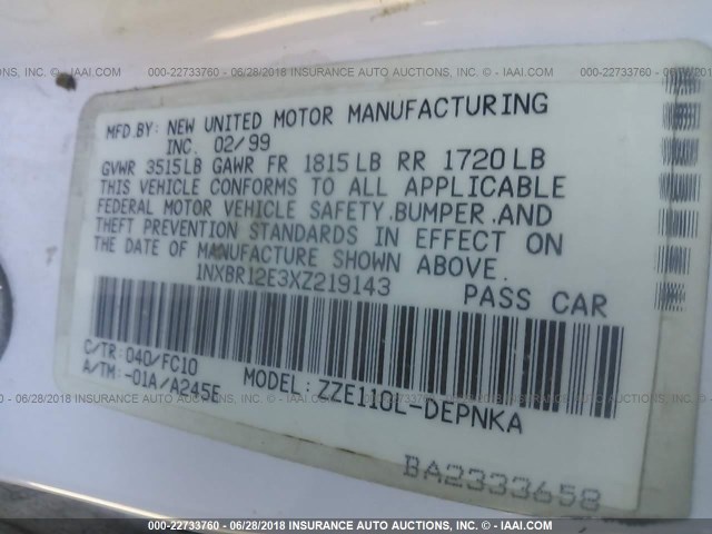 1NXBR12E3XZ219143 - 1999 TOYOTA COROLLA VE/CE/LE 白色 照片 9