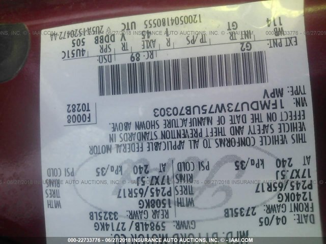 1FMDU73W75UB70303 - 2005 FORD EXPLORER XLT/XLT SPORT/NBX 红色 照片 9