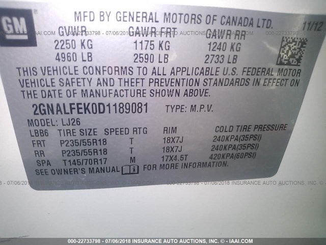 2GNALFEK0D1189081 - 2013 CHEVROLET EQUINOX LTZ WHITE photo 9