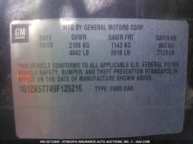 1G1ZK57749F125216 - 2009 CHEVROLET MALIBU LTZ 灰色 照片 9