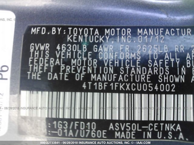 4T1BF1FKXCU054002 - 2012 TOYOTA CAMRY SE/LE/XLE GRAY photo 9