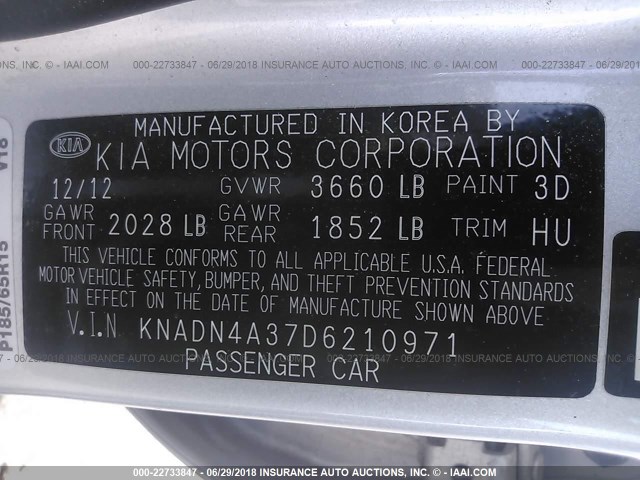 KNADN4A37D6210971 - 2013 KIA RIO EX/SX SILVER photo 9