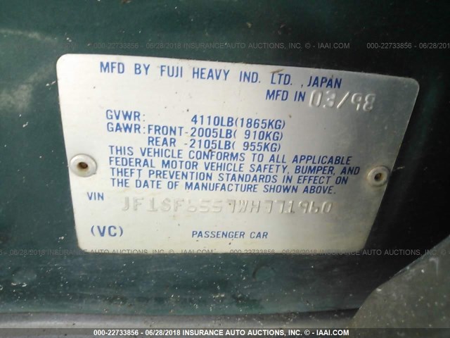 JF1SF6557WH771960 - 1998 SUBARU FORESTER S GREEN photo 9