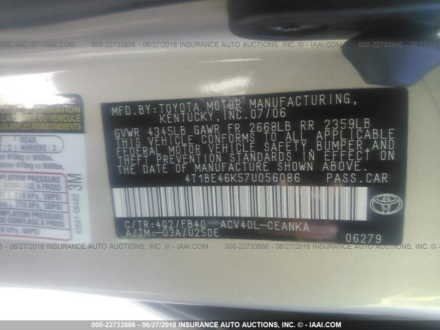 4T1BE46K57U056086 - 2007 TOYOTA CAMRY NEW GENERATION CE/LE/XLE/SE GOLD photo 9