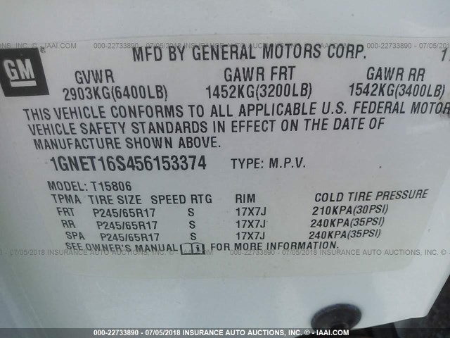 1GNET16S456153374 - 2005 CHEVROLET TRAILBLAZER EXT LS/EXT LT WHITE photo 9