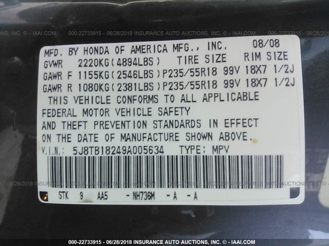 5J8TB18249A005634 - 2009 ACURA RDX GRAY photo 9