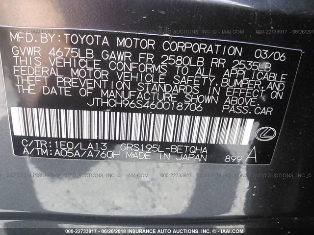 JTHCH96S460018706 - 2006 LEXUS GS GENERATION 200 300 GRAY photo 9