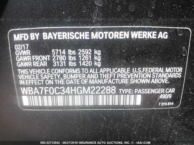 WBA7F0C34HGM22288 - 2017 BMW 750 I BLACK photo 9