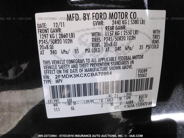 2FMDK3KCXCBA70964 - 2012 FORD EDGE LIMITED BLACK photo 9