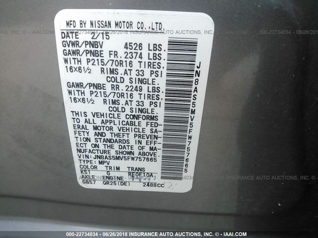 JN8AS5MV5FW757665 - 2015 NISSAN ROGUE SELECT S GRAY photo 9