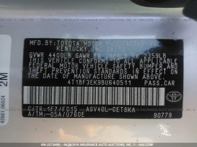 4T1BF3EK9BU640511 - 2011 TOYOTA CAMRY SE/LE/XLE SILVER photo 9