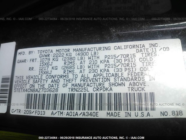 5TETX4CN8AZ703628 - 2010 TOYOTA TACOMA ACCESS CAB BLACK photo 9