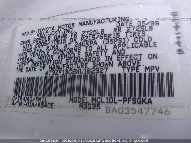 4T3ZF13C9XU162927 - 1999 TOYOTA SIENNA LE/XLE WHITE photo 9